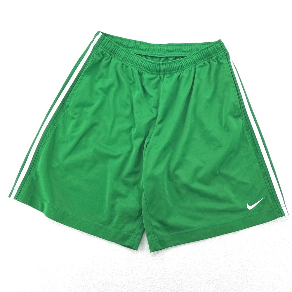 Nike Mens Athletic Shorts Green White Stripe XL Drawstring Swoosh Training